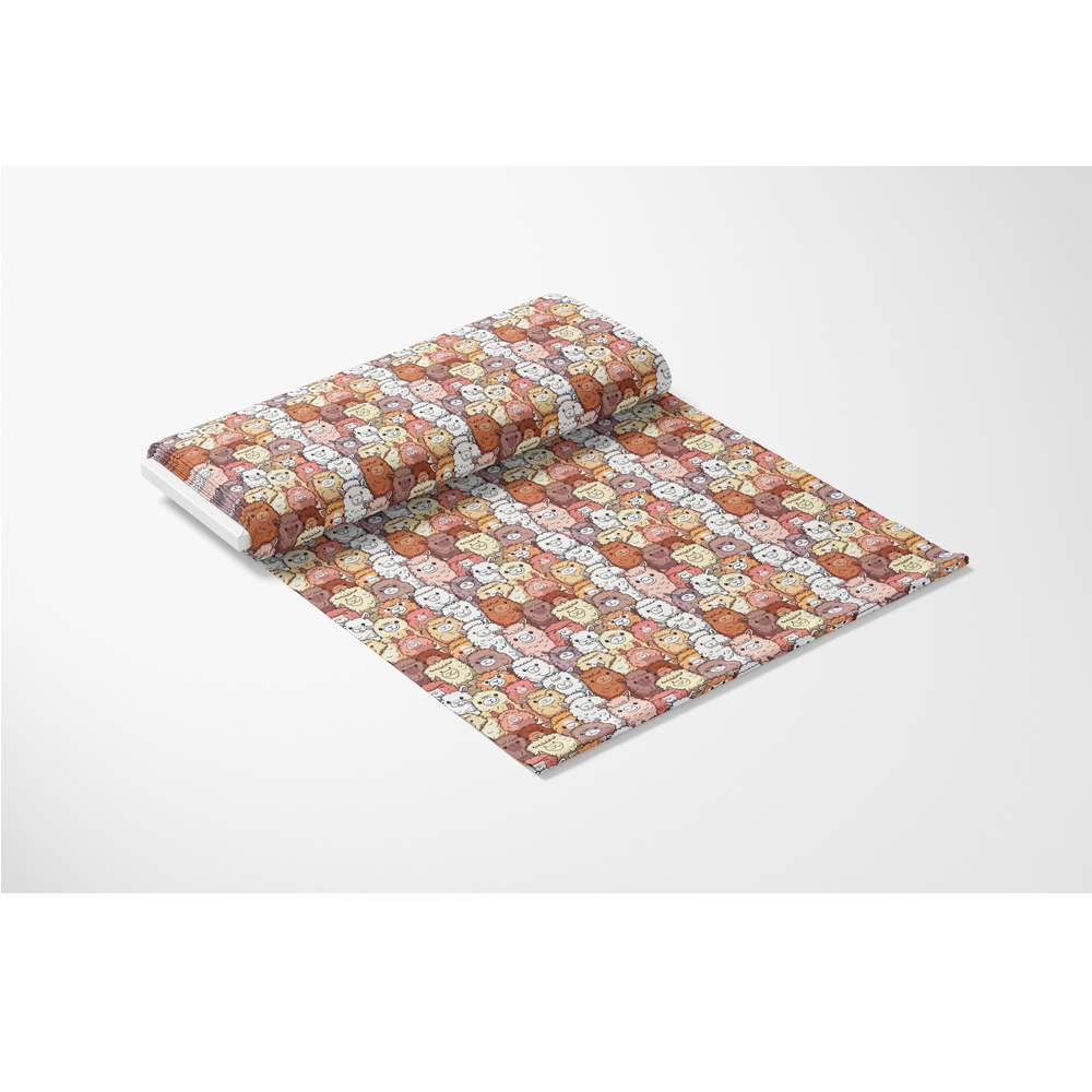 Cute Alpaca Quilting Cotton Fabric showcasing multicolored alpaca faces in a repeating pattern, soft texture, warm earthy tones, creative design, premium quilting material, playful motif, cozy textile, crafting fabric, artistic cotton print, durable quilting fabric.
