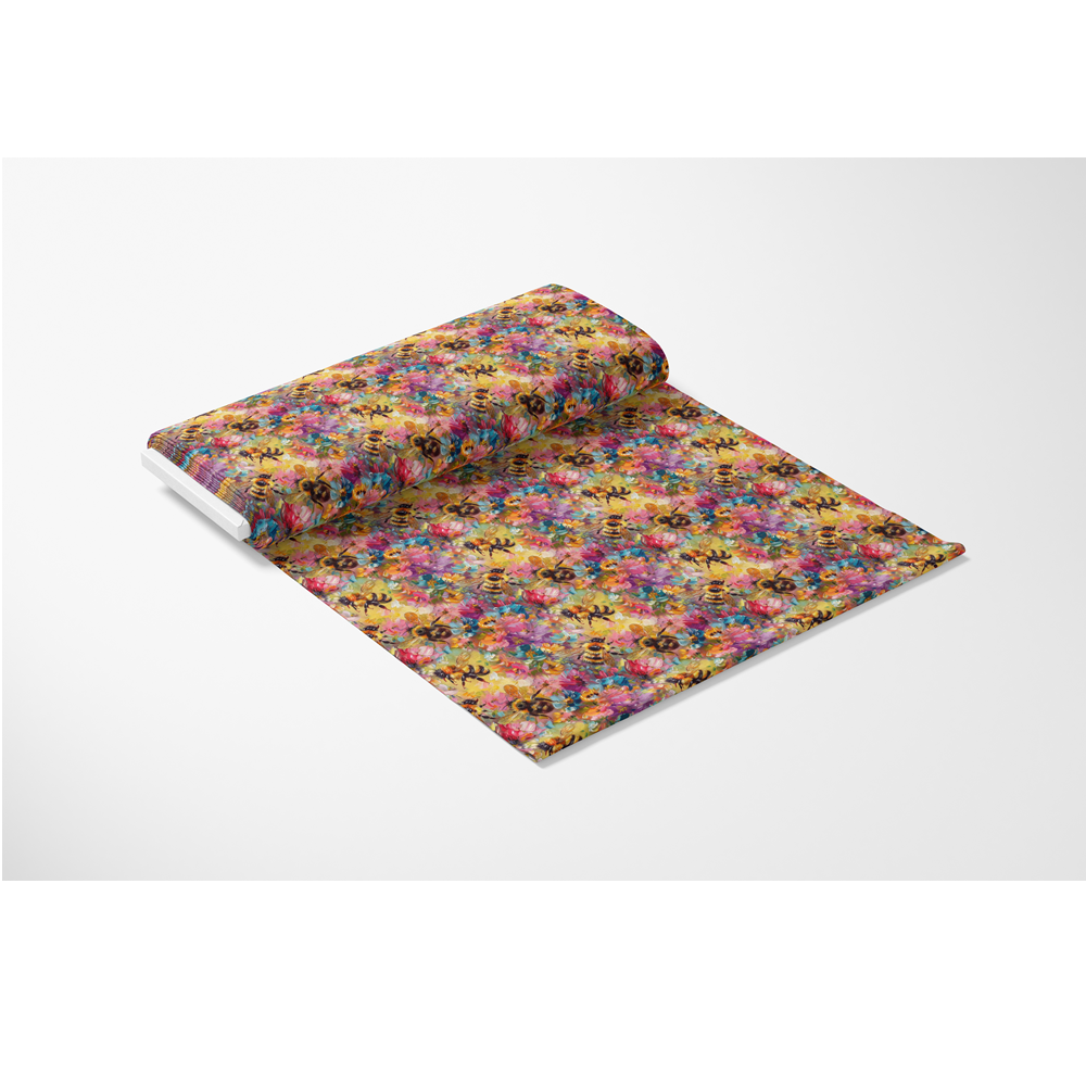 Floral Bee Painting Quilting Cotton Fabric with multicolor floral pattern, yellow background, bees, quilting, cotton, fabric, textile, yardage, premium, soft texture, vibrant colors, traditional style, eco-friendly, handmade, decorative material, crafting, sewing, quilting project