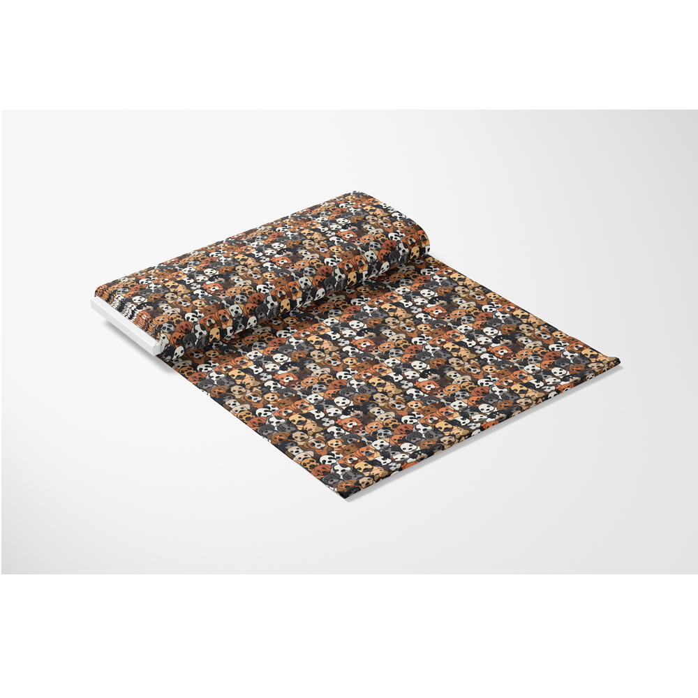 Cute Cartoon Dogs Quilting Cotton Fabric featuring multicolor dog illustrations, playful, whimsical, soft texture, premium cotton textile, quilting material, brown, black, white, orange tones, fabric roll, craft supply, sewing material, cute design, pet-themed pattern, home sewing projects, high-quality fabric, colorful print