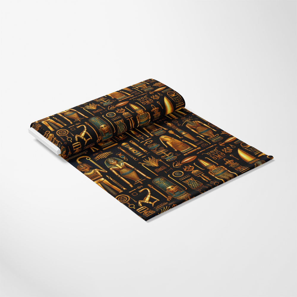 2D Ancient Egypt Pattern 44 Quilting Cotton Fabric, quilting, cotton, fabric, black background, gold, turquoise, brown, Egyptian symbols, ancient motifs, traditional design, soft texture, premium cotton, yardage fabric, decorative textile