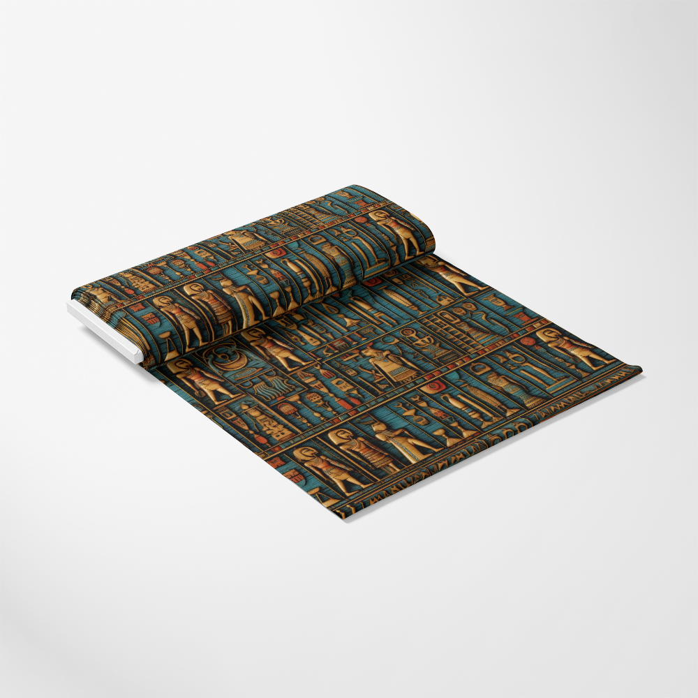 2D Ancient Egypt Pattern 15 Quilting Cotton Fabric, quilting, cotton, fabric, ancient Egypt, Egyptian motifs, hieroglyphics, teal, gold, brown, traditional design, textile, smooth texture, crafting material, sewing, premium cotton fabric, yardage, printed fabric