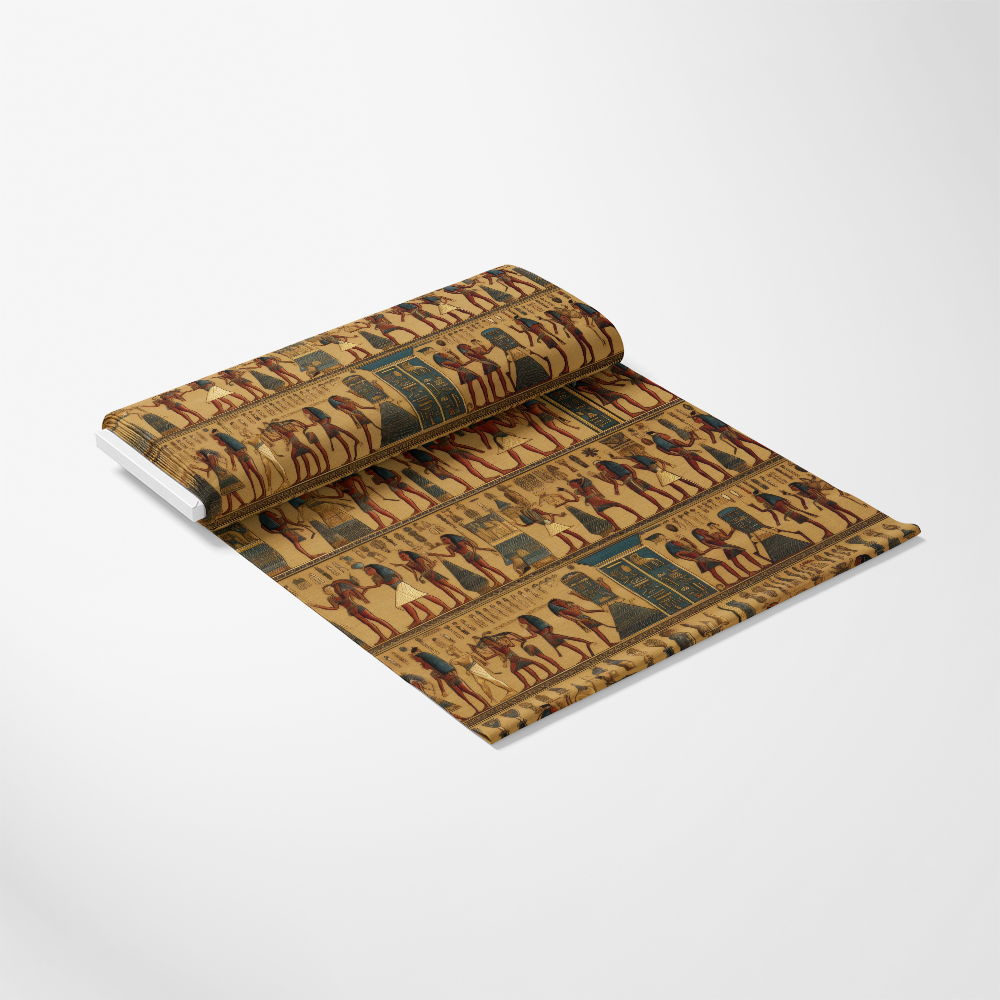 2D Ancient Egypt Pattern 33 Quilting Cotton Fabric, beige, tan, brown, blue, orange, Egyptian motifs, hieroglyphics, figures, historical, vintage, textile, quilting cotton, traditional, natural fibers, sewing material, craft fabric, soft texture, fabric yardage, detailed pattern