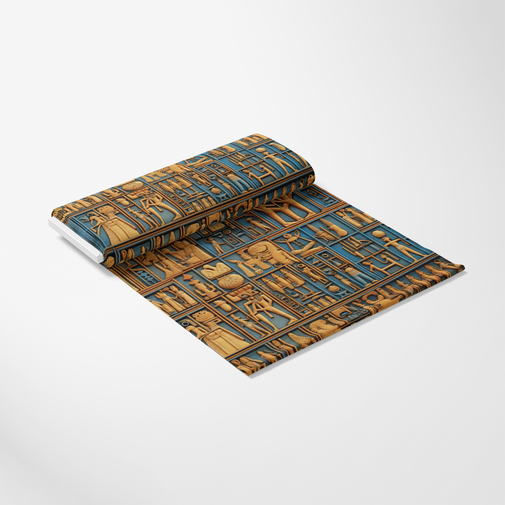 2D Ancient Egypt Pattern 34 Quilting Cotton Fabric featuring ancient Egyptian motifs, hieroglyphs, blue and gold colors, textile material, quilting cotton, traditional design, cultural print, premium fabric, yardage roll, decorative fabric, soft texture, handmade look, artistic pattern, historical theme, fabric textile for quilting projects.