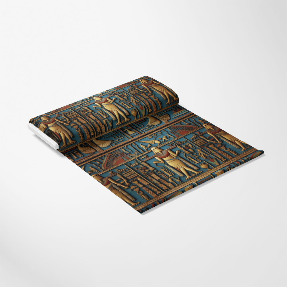 2D Ancient Egypt Pattern 39 Quilting Cotton Fabric featuring brown, blue, gold colors, ancient Egyptian motifs, hieroglyphics, traditional design, cotton textile, quilting material, premium fabric, cultural print, decorative cloth, historic pattern, vibrant colors, soft texture, durable fabric.