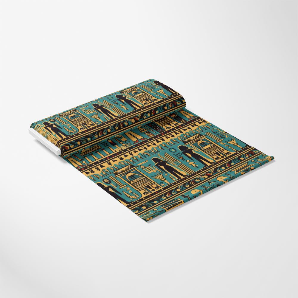 2D Ancient Egypt Pattern 49 Quilting Cotton Fabric, teal, gold, black colors, Egyptian motifs, hieroglyphics, historical design, textile, cotton material, quilting fabric, traditional style, decorative cloth, smooth texture, premium cotton fabric, yardage textile, vibrant colors, fabric roll