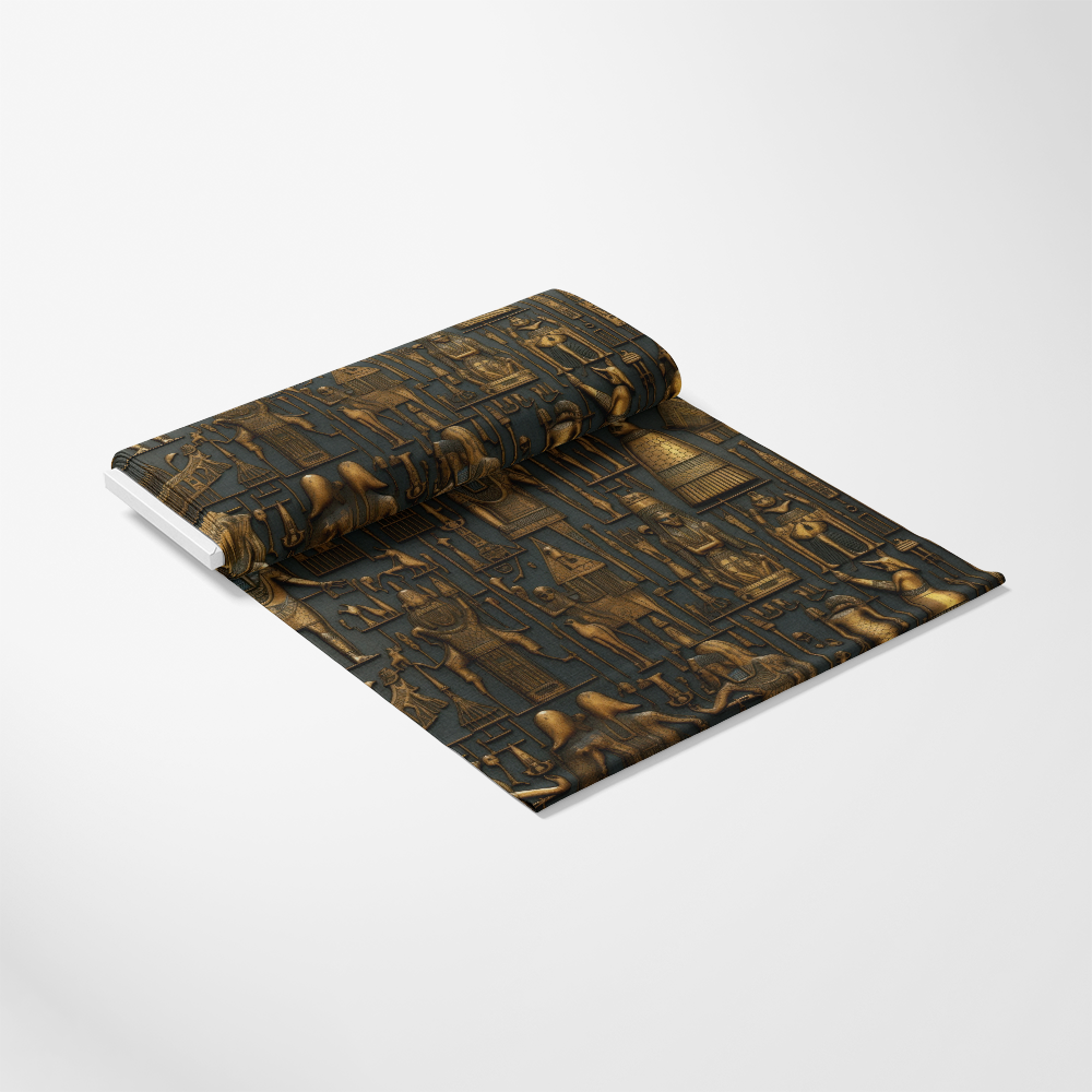 2D Ancient Egypt Pattern 66 Quilting Cotton Fabric, cotton textile, quilting material, fabric yardage, Egyptian design, gold and black colors, historical motif, decorative cloth, premium cotton, detailed ancient figures, traditional style, sewing fabric, craft material