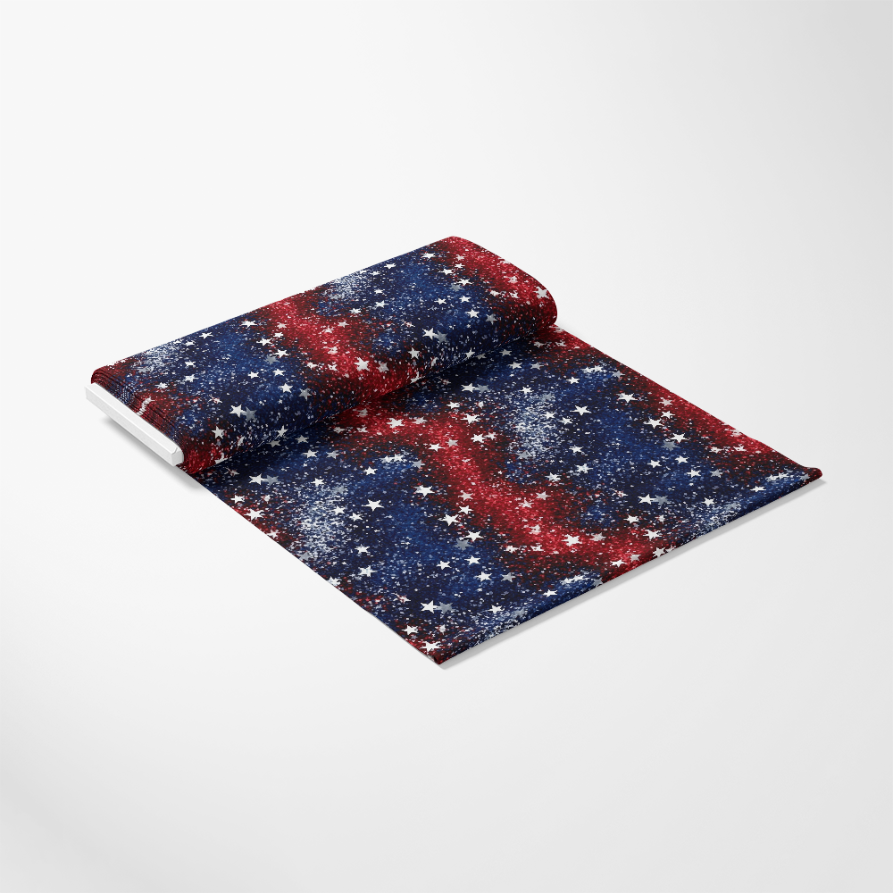 4th-of-July Glitter Pattern 4 Quilting Cotton Fabric featuring red, white, and blue colors, star shapes, glitter effect, patriotic design, quilting cotton material, cotton textile, festive fabric, yardage roll, traditional print, soft finish, vibrant hues, US-made textile.