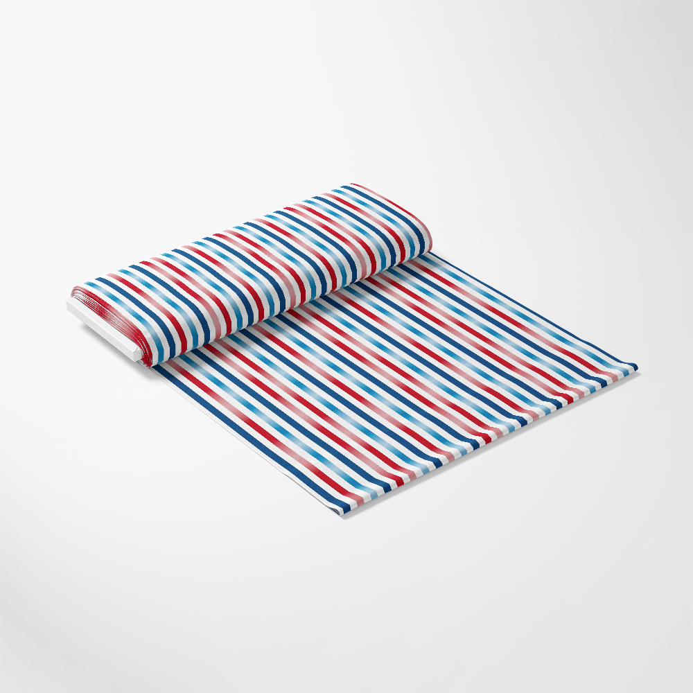 Patriotic July Pattern 18 Quilting Cotton Fabric rolled out, featuring red, white, and blue stripes, premium cotton textile, striped design, horizontal lines, lightweight quilting fabric, American-themed, crafting material, sewing fabric yardage, soft cotton material.