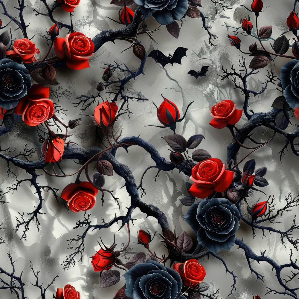 A Gothic Night Pattern 11 Quilting Cotton Fabric featuring red and black roses, dark thorny branches, bat silhouettes, gothic floral design, moody colors, Halloween inspired, cotton textile, quilting fabric, dark red, black, and gray tones, elegant and dramatic night theme.
