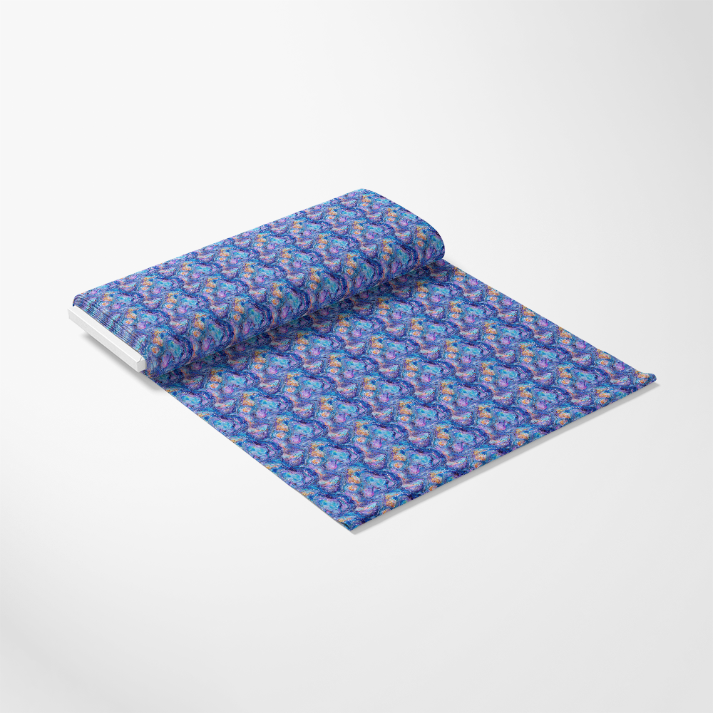 Abalones Pattern 7 Quilting Cotton Fabric roll featuring blue, purple, and pink colors with an intricate shell motif, cotton textile, quilting material, decorative print, premium cotton cloth, soft fabric, marine-inspired pattern, vibrant colors, traditional design, sewing fabric, craft material.