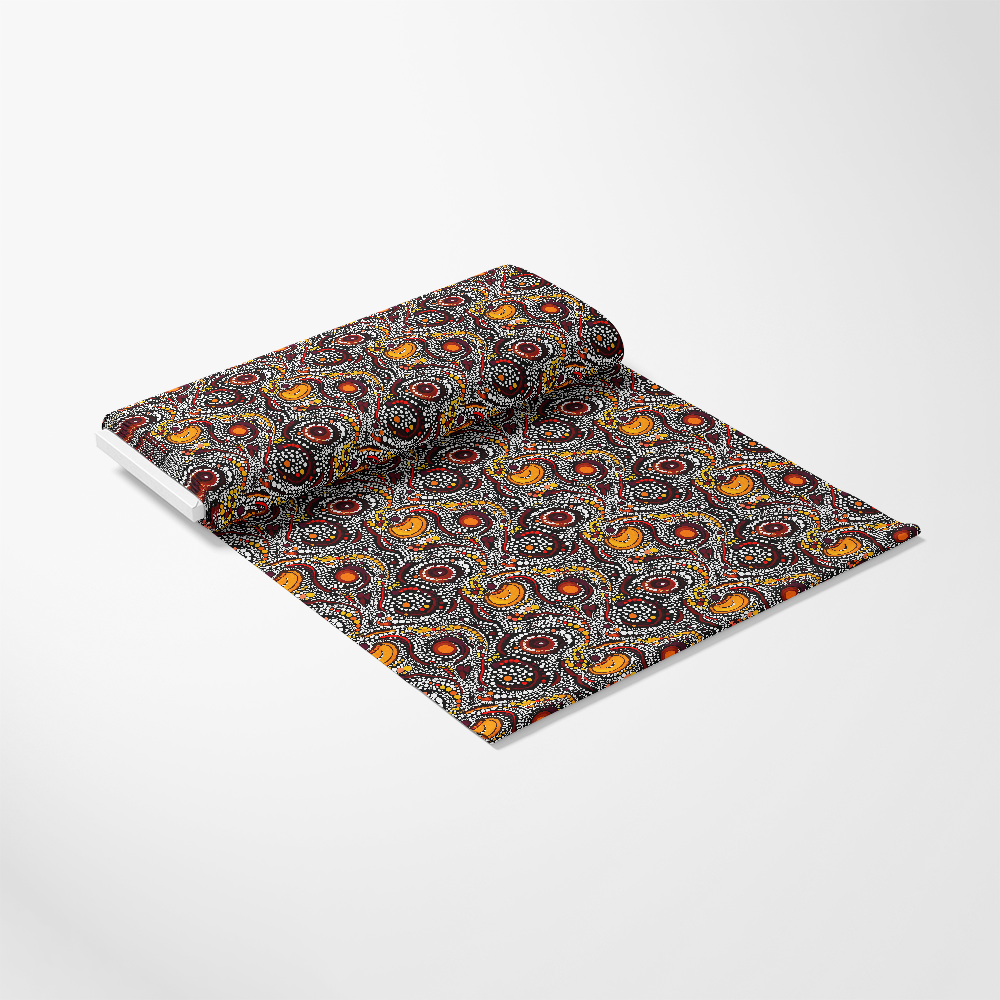 Aboriginal Circles and Dots Pattern 18 Quilting Cotton Fabric, quilting, cotton, fabric, traditional, colorful, circular motifs, dot design, maroon, yellow, black, orange, textile, printed fabric, craft fabric, sewing material, yardage, soft texture, premium quality