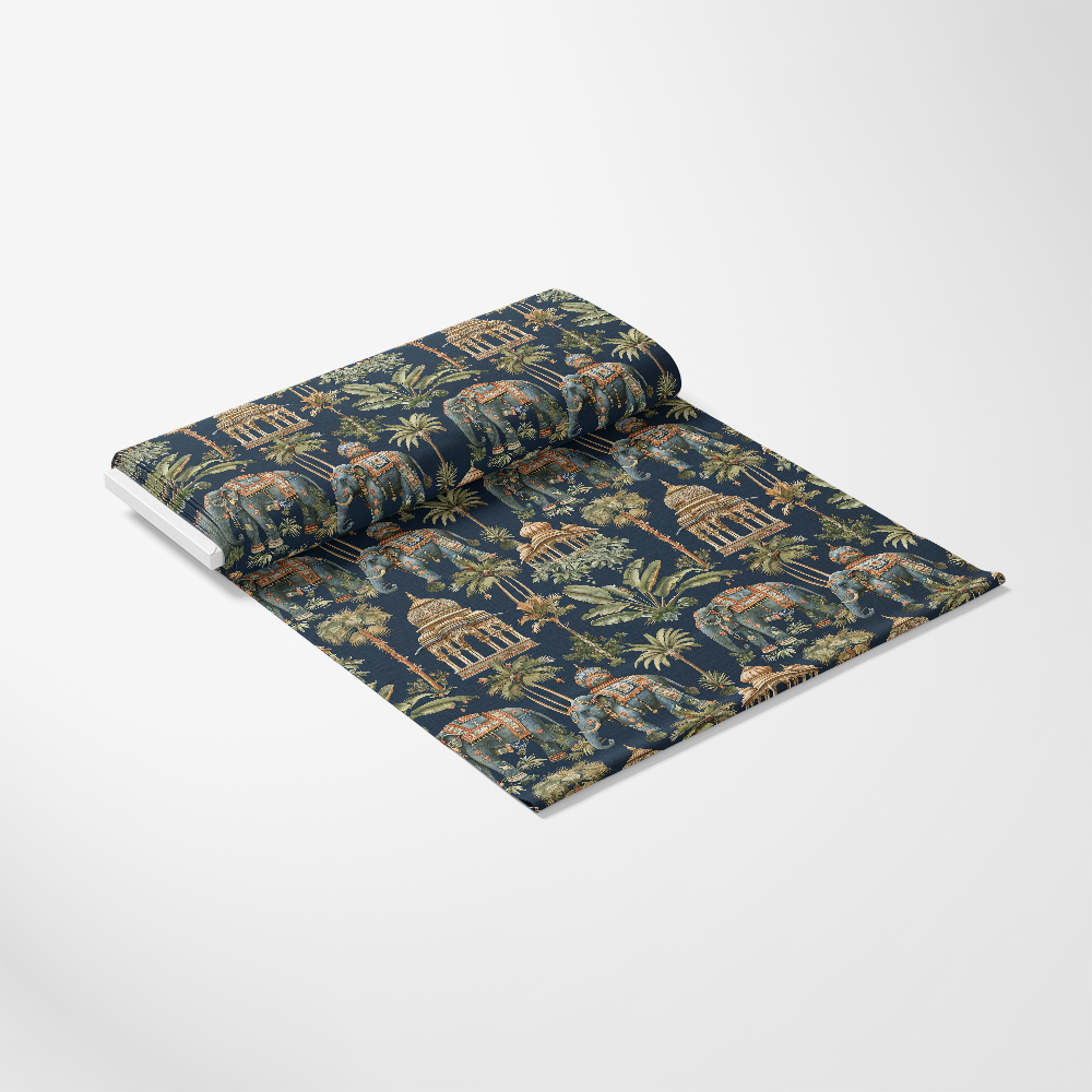 Ananyas Elephant Elegance Pattern 8 Quilting Cotton Fabric, navy blue background, elephant motif, tropical palm trees, beige architectural elements, green foliage, traditional style, cotton textile, quilting material, fabric yardage, decorative print design.