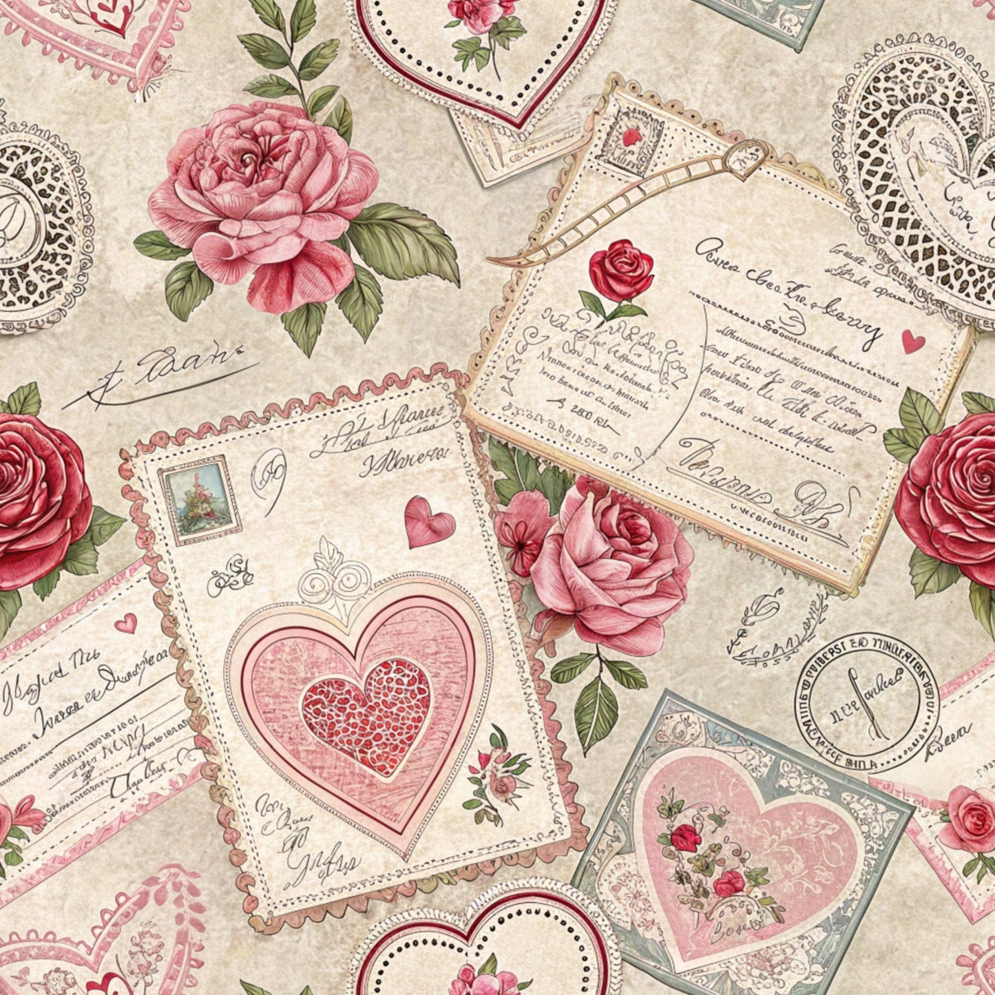 Antique Valentine Postcards Pattern 10 Quilting Cotton Fabric