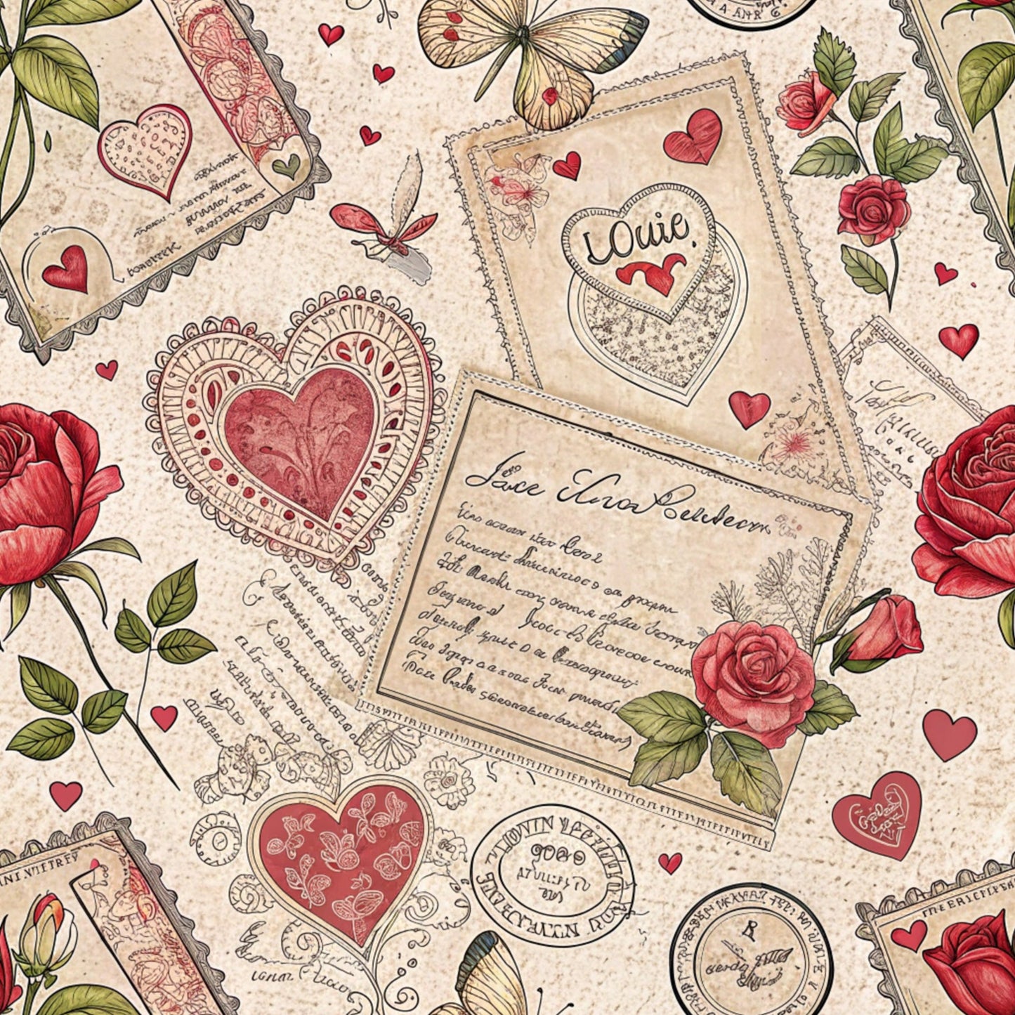 Antique Valentine Postcards Pattern 1 Quilting Cotton Fabric