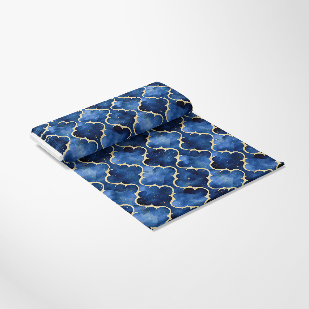 Arabian Midnight Pattern 13 Quilting Cotton Fabric rolled, blue fabric, navy, indigo, gold outlines, geometric motif, textile, material, soft cotton, quilting cotton textile, traditional design, premium cotton fabric, smooth texture, fabric yardage, decorative cloth