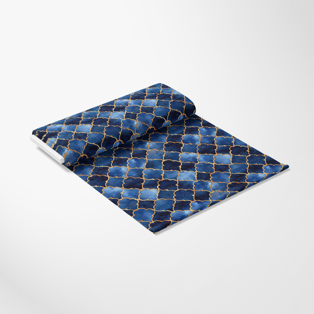 Arabian Midnight Pattern 18 Quilting Cotton Fabric, dark blue, navy, gold accents, geometric design, trellis pattern, premium quilting cotton, soft textile, yardage fabric roll, sewing material, craft fabric, deep hues, textured surface, traditional style, fabric for quilting projects.