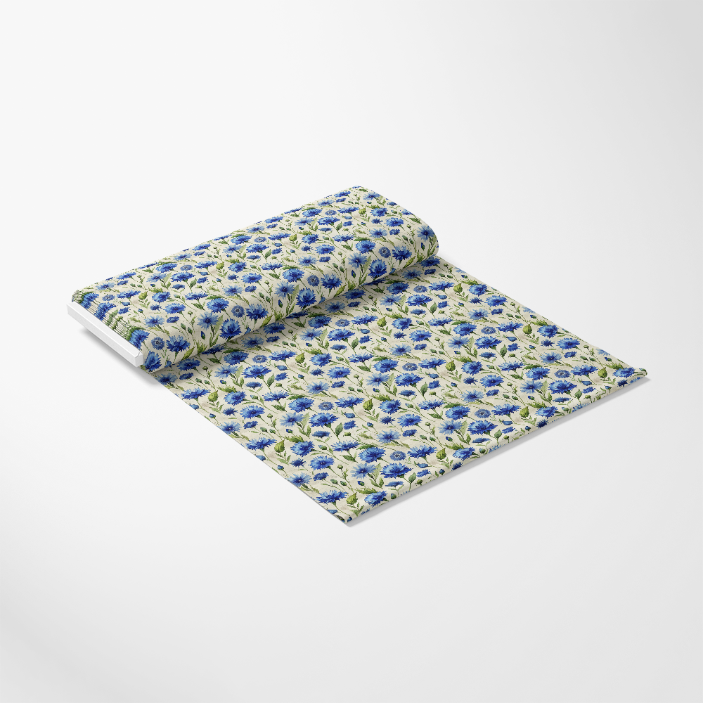 Art Nouveau Blue Cornflowers Pattern 2 Quilting Cotton Fabric, floral, blue, green, beige, textile, cotton, quilting, fabric, decorative, vintage, classic, natural, soft, premium, continuous yardage, traditional style, handcrafted, detailed, elegant, botanical.