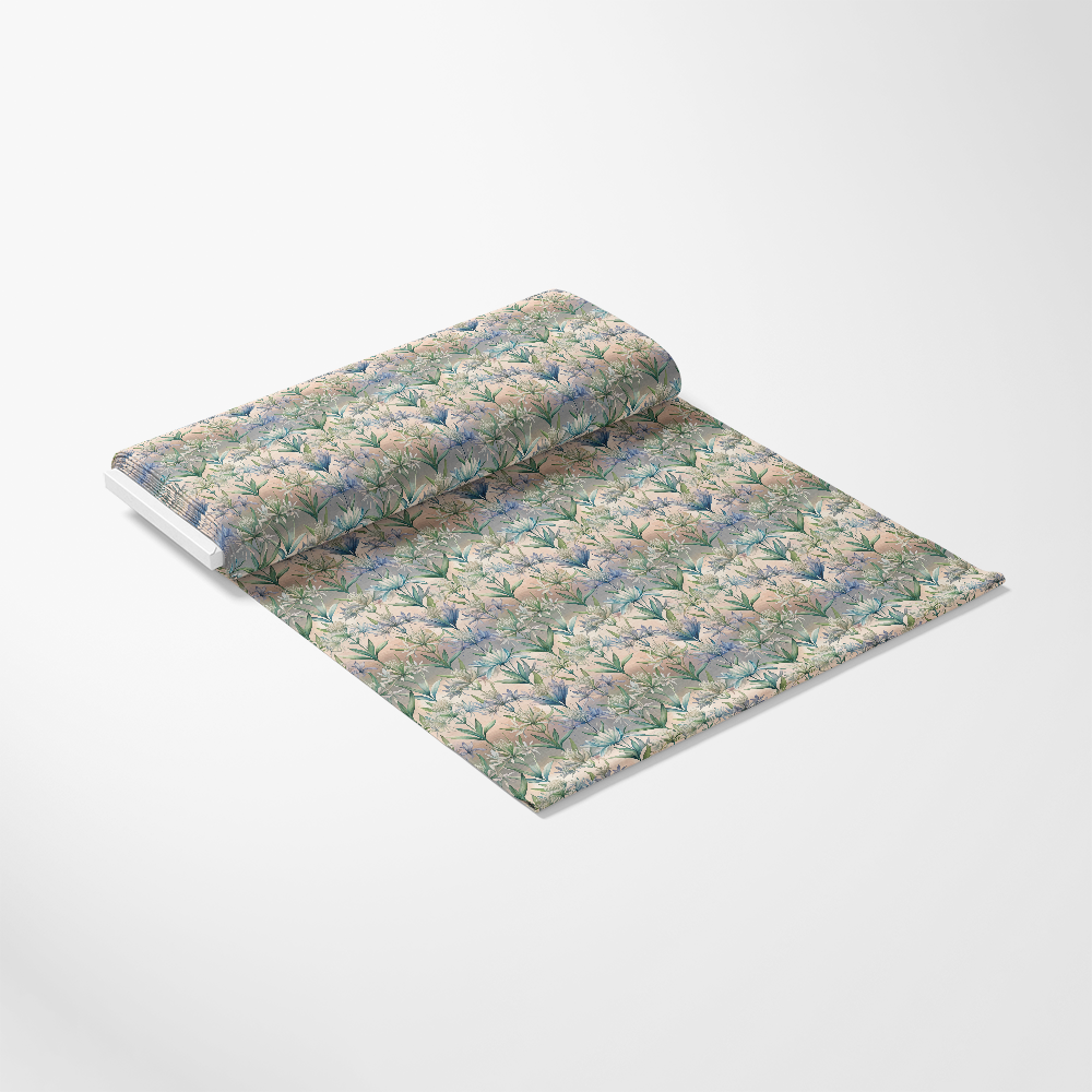 Art Nouveau Camassias Pattern 1 Quilting Cotton Fabric showcasing floral design, vintage style, blue, green, cream colors, botanical print, sewing material, craft textile, soft texture, decorative yardage, premium cotton, quilt fabric, elegant pattern, natural motifs, fabric roll.