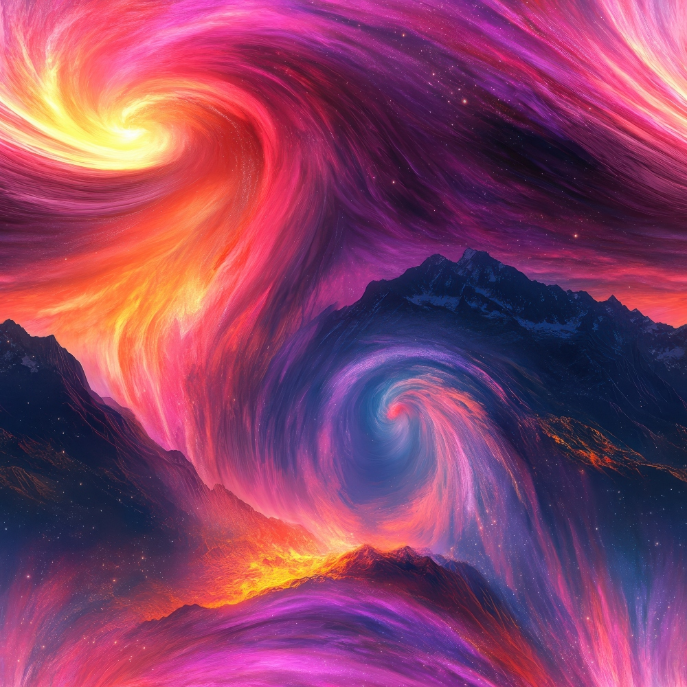 Aurora Starry Night Sky Pattern 23 Quilting Cotton Fabric featuring swirling galaxy design, vibrant purple, pink, orange, yellow hues, cosmic night sky texture, celestial abstract print, premium quilting cotton textile, artistic starry theme, fabric yardage for quilting projects.