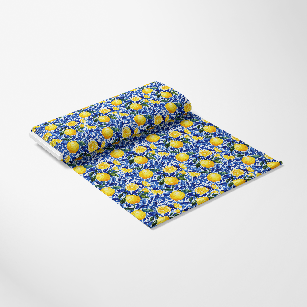 Azulejo Lemons with Blue Leaves Pattern 4 Quilting Cotton Fabric, quilting cotton fabric, yellow lemons, blue leaves, citrus fruit design, vibrant colors, traditional pattern, garden motif, fresh citrus textile, premium fabric, soft cotton material, summer inspired print, botanical theme, decorative fabric yardage