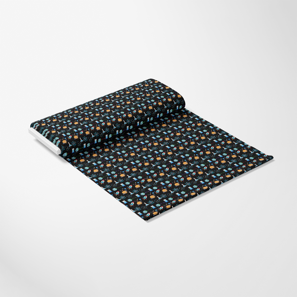 Back To School Elements Pattern 3 Quilting Cotton Fabric, fabric roll, black background, blue, orange, brown, school-themed icons, cotton textile, quilting material, printed yardage, craft fabric, sewing fabric, premium cotton, educational motifs, fabric for quilting projects