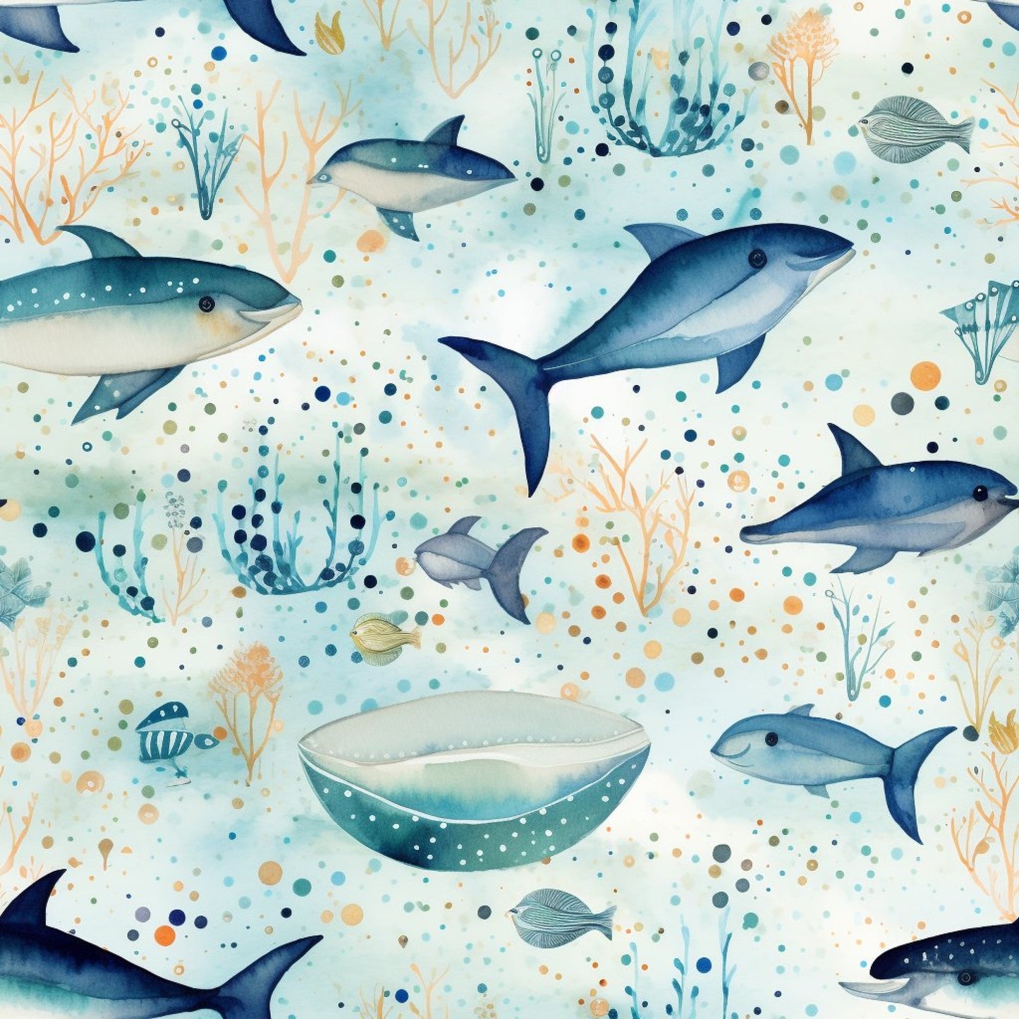 Blue Ocean Fishes Pattern 10 Quilting Cotton Fabric