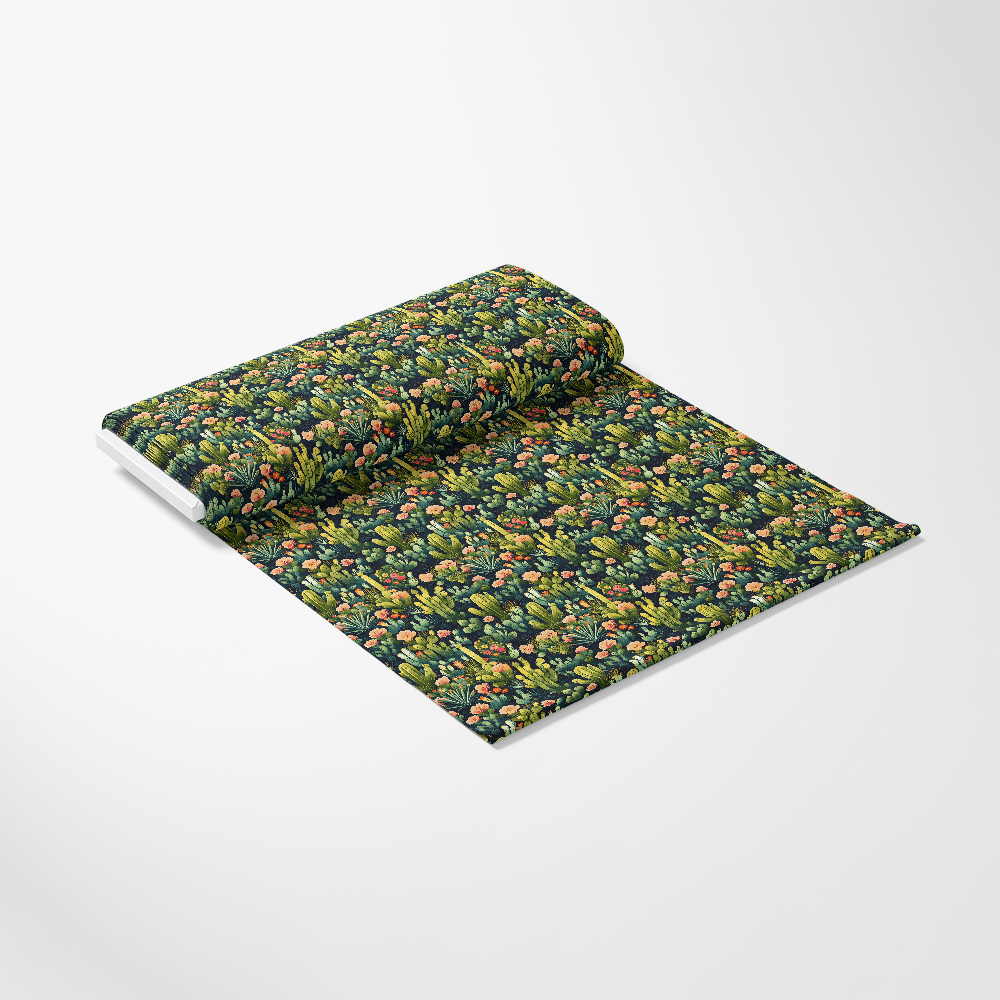 A roll of fabric with a colorful botanical pattern featuring various plants and fruits on a white background.