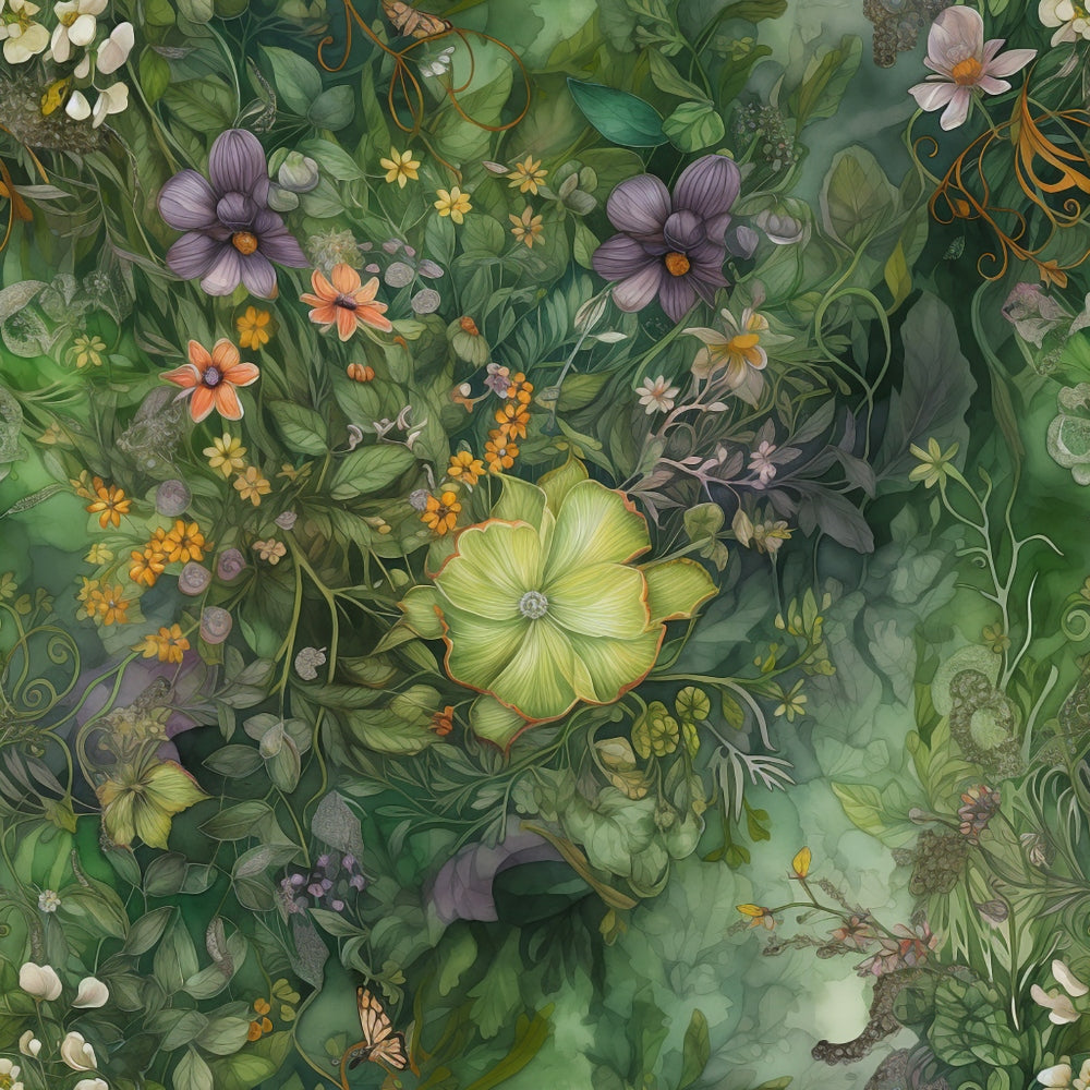 Intricate botanical illustration featuring various flowers and leaves in shades of green, yellow, and purple.