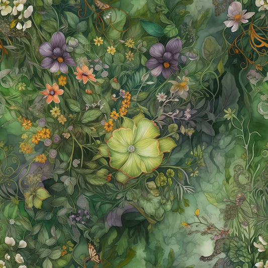 Intricate botanical illustration featuring various flowers and leaves in shades of green, yellow, and purple.