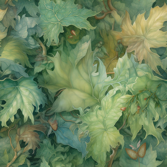 A variety of green and yellow leaves with detailed textures and subtle shading, scattered among small acorns and branches.