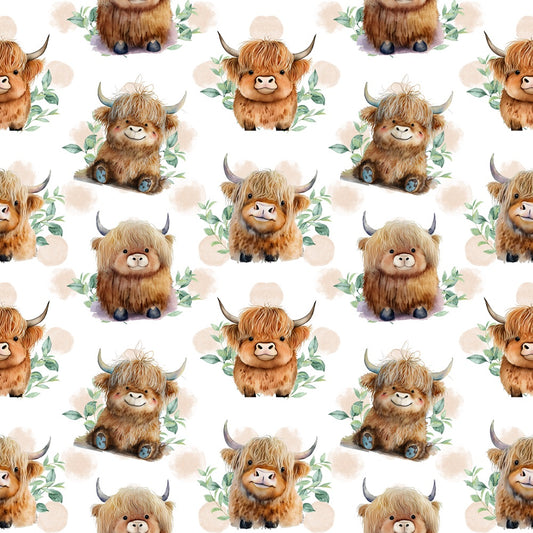 Pattern of cartoon highland cows with fluffy fur, surrounded by green leaves, repeated evenly on a white background.