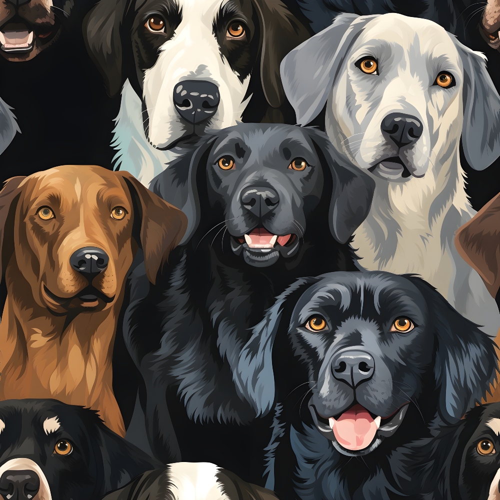 Illustration of various dog breeds with different fur colors and expressions, positioned closely together.