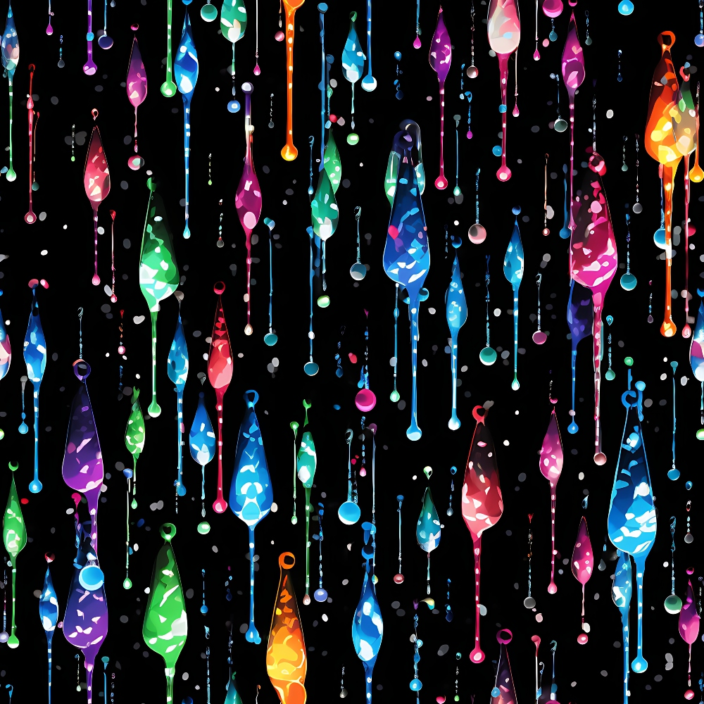 Colorful paint drips and droplets on a black background, creating a vibrant abstract pattern with various hues reflecting light.