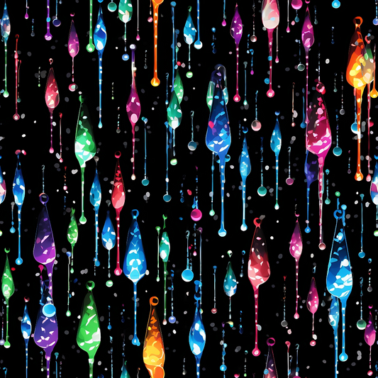 Colorful paint drips and droplets on a black background, creating a vibrant abstract pattern with various hues reflecting light.