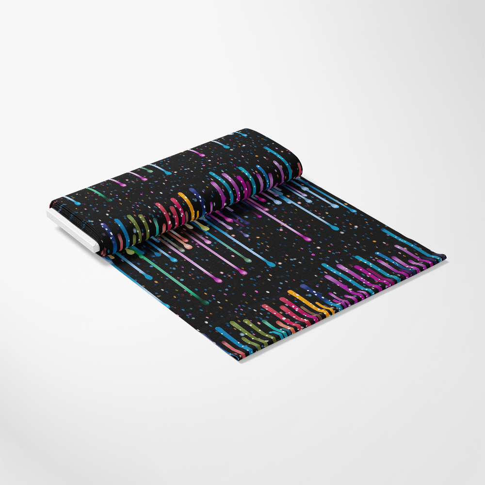 - Dripping Rainbow Liquid Pattern 6 Quilting Cotton Fabric
- Quilting fabric
- Cotton textile
- Multicolor drips
- Vertical liquid streaks
- Black background
- Vibrant rainbow colors
- Artistic fluid design
- Colorful spotted accents
- Soft sewing material