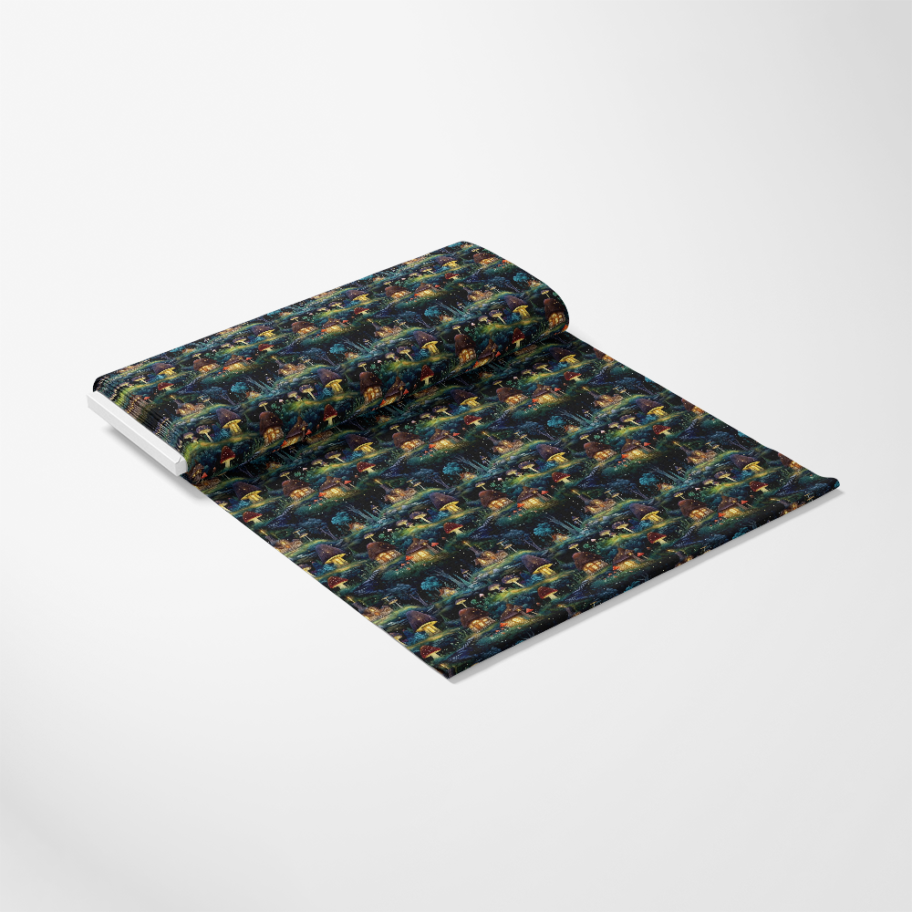 - Fairy Houses Pattern 3 Quilting Cotton Fabric
- cotton textile
- quilting material
- dark background
- green, yellow, blue hues
- whimsical, fantasy design
- small detailed illustrations
- woodland theme
- charming, playful fabric
- fabric roll displayed