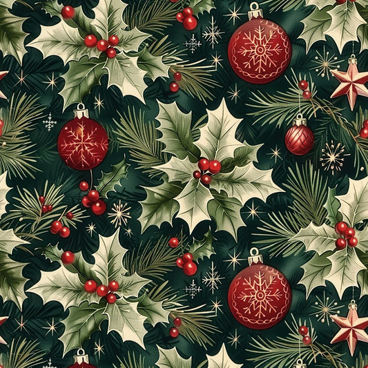 Festive pattern featuring red ornaments, holly leaves, berries, and pine branches on a dark green background.