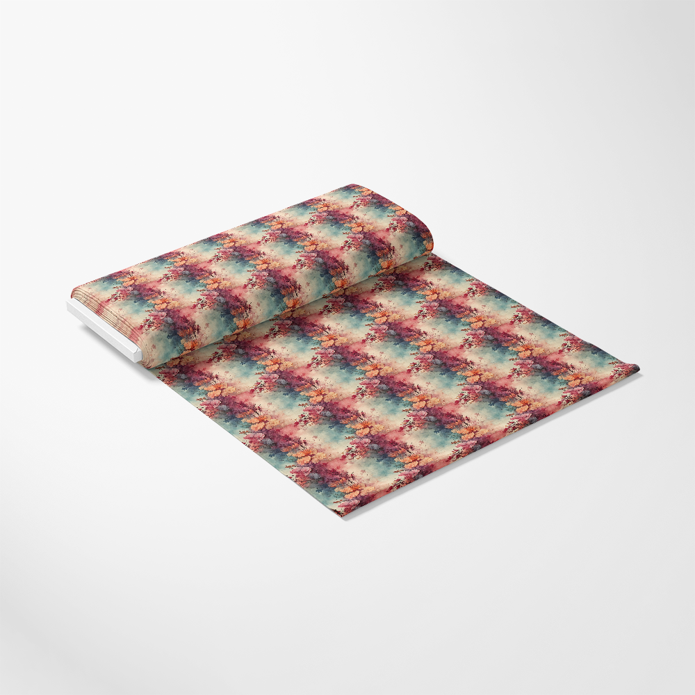 A roll of patterned paper unrolled on a flat surface, displaying a repeated abstract design in red, blue, and beige tones against a plain white background.