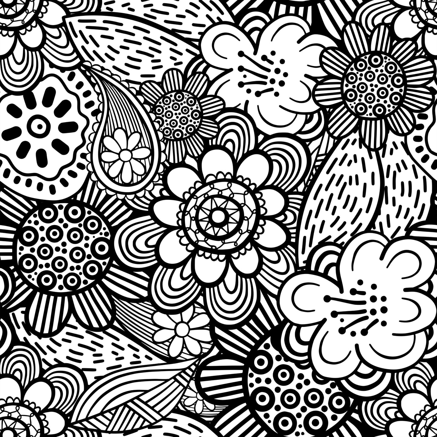 Folk Art Florals Black and White Pattern 9 Quilting Cotton Fabric