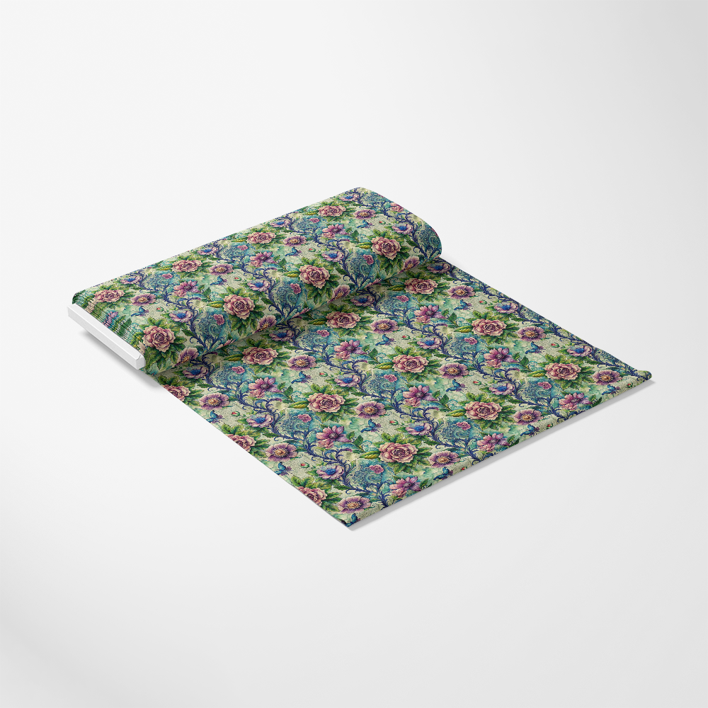 - Forest Memories Pattern 11 Quilting Cotton Fabric
- Floral design
- Green background
- Pink flowers
- Blue accents
- Leaves
- Natural theme
- Textile
- Cotton fabric
- Quilting material
- Fabric yardage
- Fabric roll
- Decorative fabric