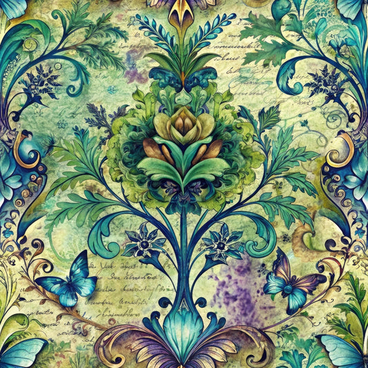Ornate floral illustration with green leaves, blue butterflies, and a central blooming flower on a textured background with cursive writing.