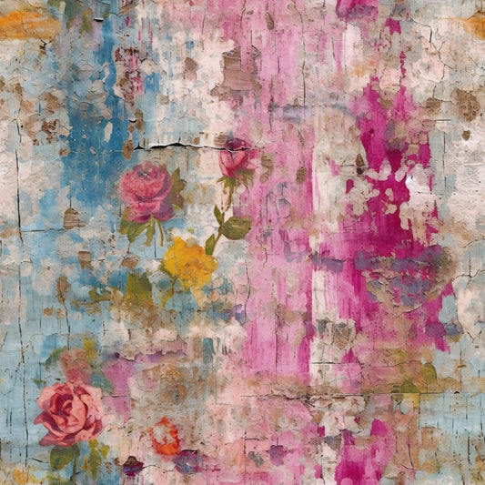 Weathered, peeling wall with faded blue and pink paint, decorated with vintage floral patterns, including roses and leaves.