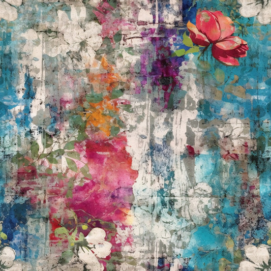 Abstract artwork featuring vibrant colors, floral patterns including roses, and textured brushstrokes with a mix of blue, pink, orange, and white hues.