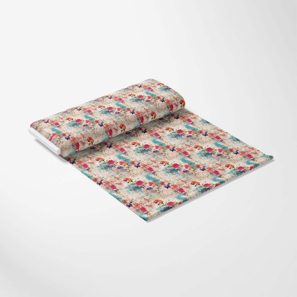 Girly Grunge Plaster Pattern 19 Quilting Cotton Fabric, floral print, beige background, pink flowers, teal accents, vintage style, cotton textile, quilting material, craft fabric, soft texture, decorative design, colorful, artistic, feminine, fabric yardage, sewing supply