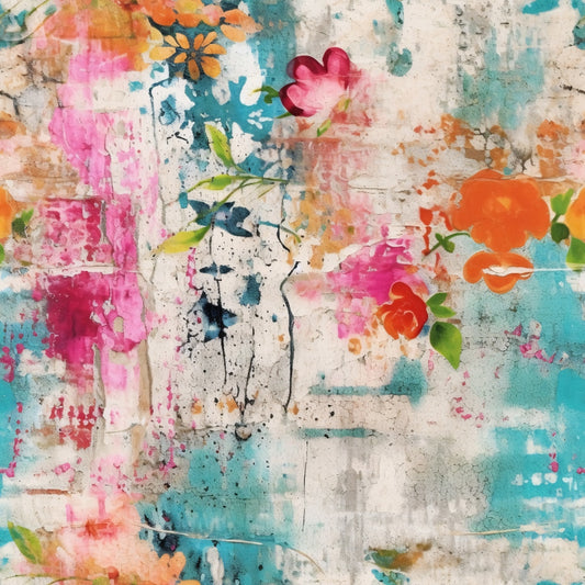 Abstract artwork with vibrant splashes of pink, orange, and blue, featuring floral patterns and textured layers.