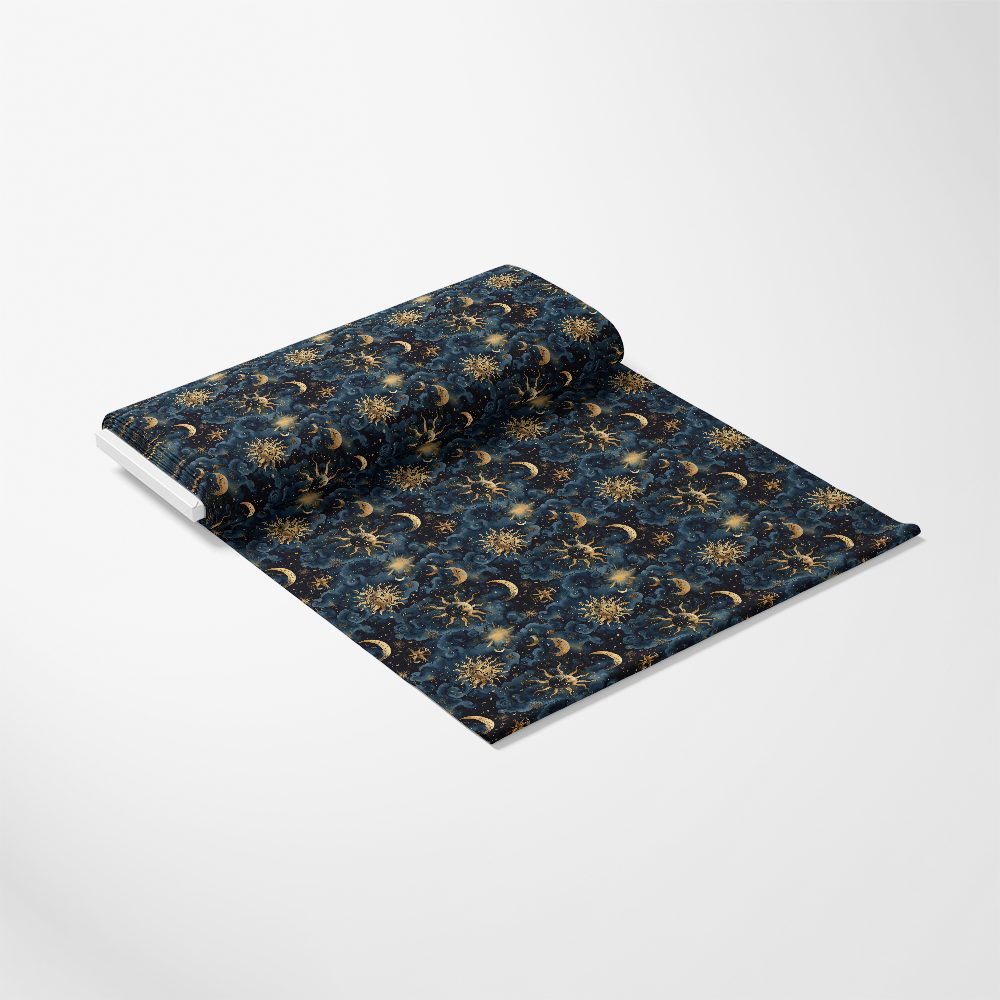 - Golden Cosmos Pattern 5 Quilting Cotton Fabric
- navy blue background
- gold sun motifs
- crescent moons
- celestial theme
- cotton textile
- quilting material
- star shapes
- dark blue fabric
- cosmic design
- sewing fabric
- elegant print
- home decor fabric
