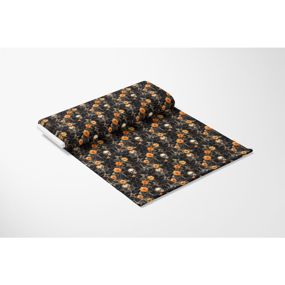 Gothic Halloween Pattern 15 Quilting Cotton Fabric, black background, orange pumpkins, beige skulls, floral design, spooky theme, quilting, cotton, fabric, autumn colors, Halloween decoration, spooky fabric, cotton textile, premium quilting cotton.