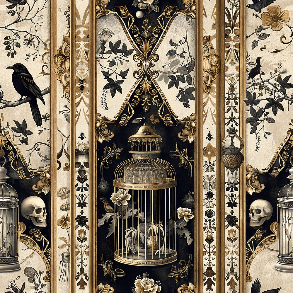 Ornate wallpaper design with birdcages, flowers, vines, skulls, and a perched bird. Gold, black, and cream color scheme with intricate details and symmetrical patterns.