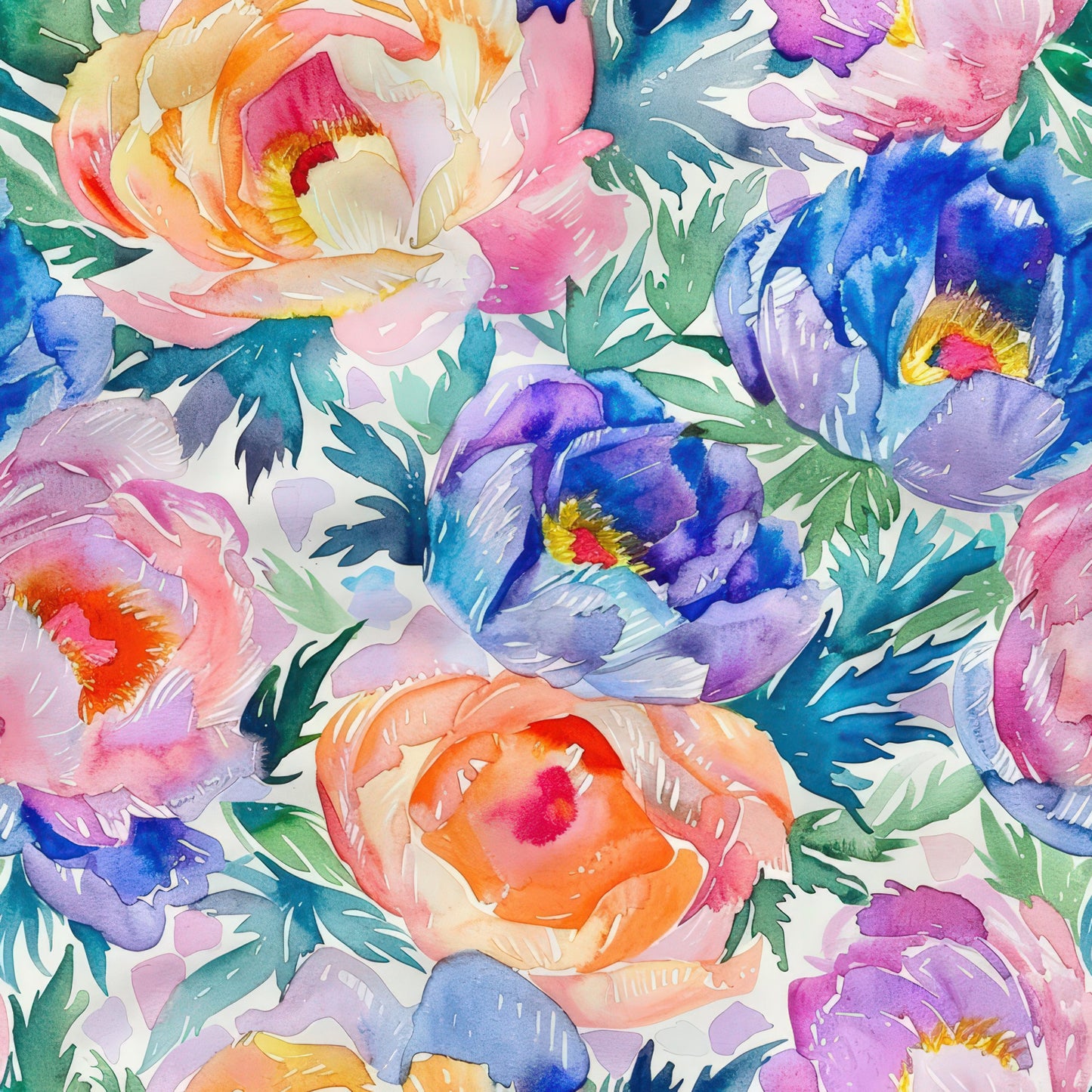 Handpainted Watercolor Peonies Pattern 7 Quilting Cotton Fabric