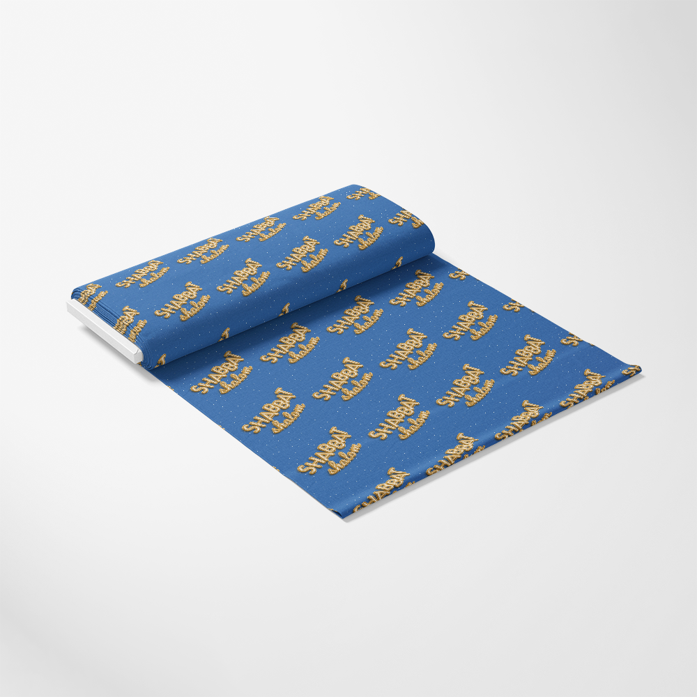 - Shabbat Shalom Pattern 1 Quilting Cotton Fabric
- blue background
- gold text
- quilting cotton
- fabric yardage
- religious theme
- textile material
- decorative lettering
- repeated design
- seamless textile style